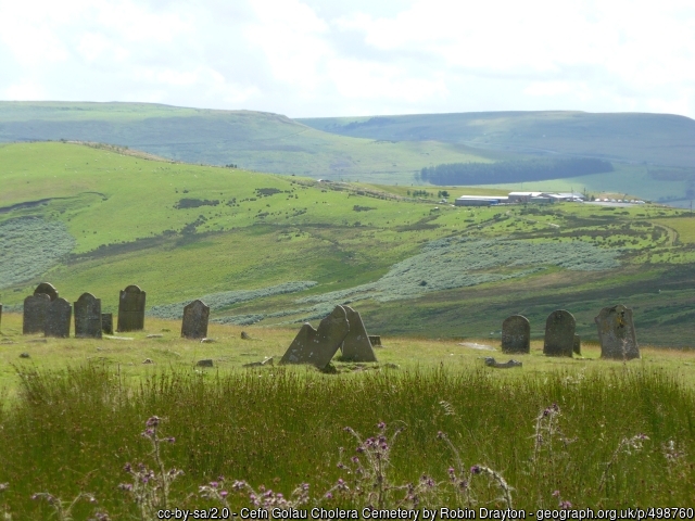 Image of gravestones in the Cefn Golau Cholera Cemetery, south Wales, on top of a grassy hill