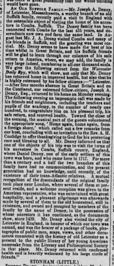 Newspaper article from the Ipswich Journal, November 14th 1874 concerning the visit of Joseph Addison Denny to Suffolk, London and Leicester