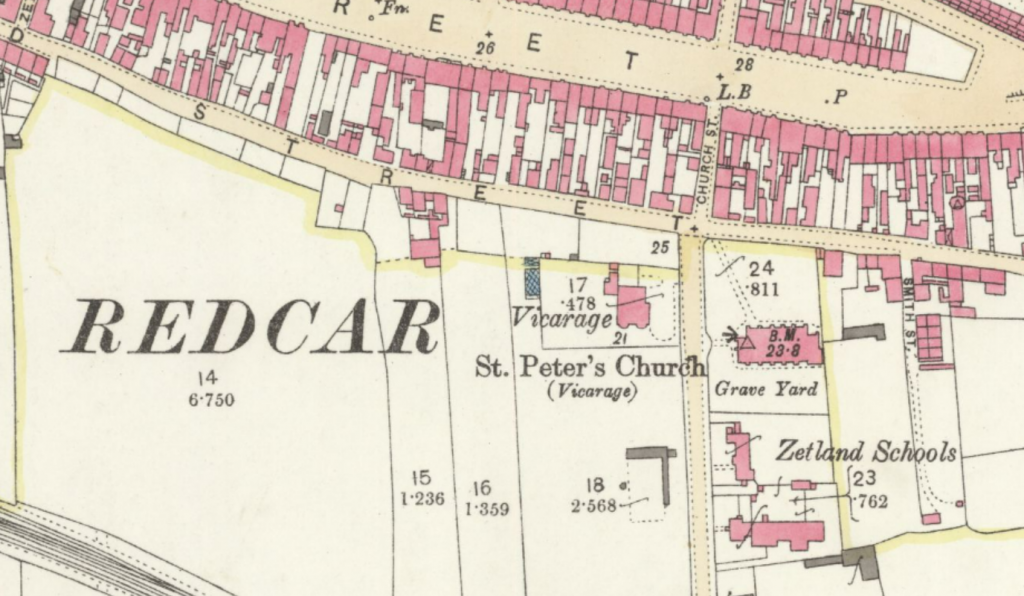 Map of redcar from 1894 showing St Peters Church, Smith Street and other locations.